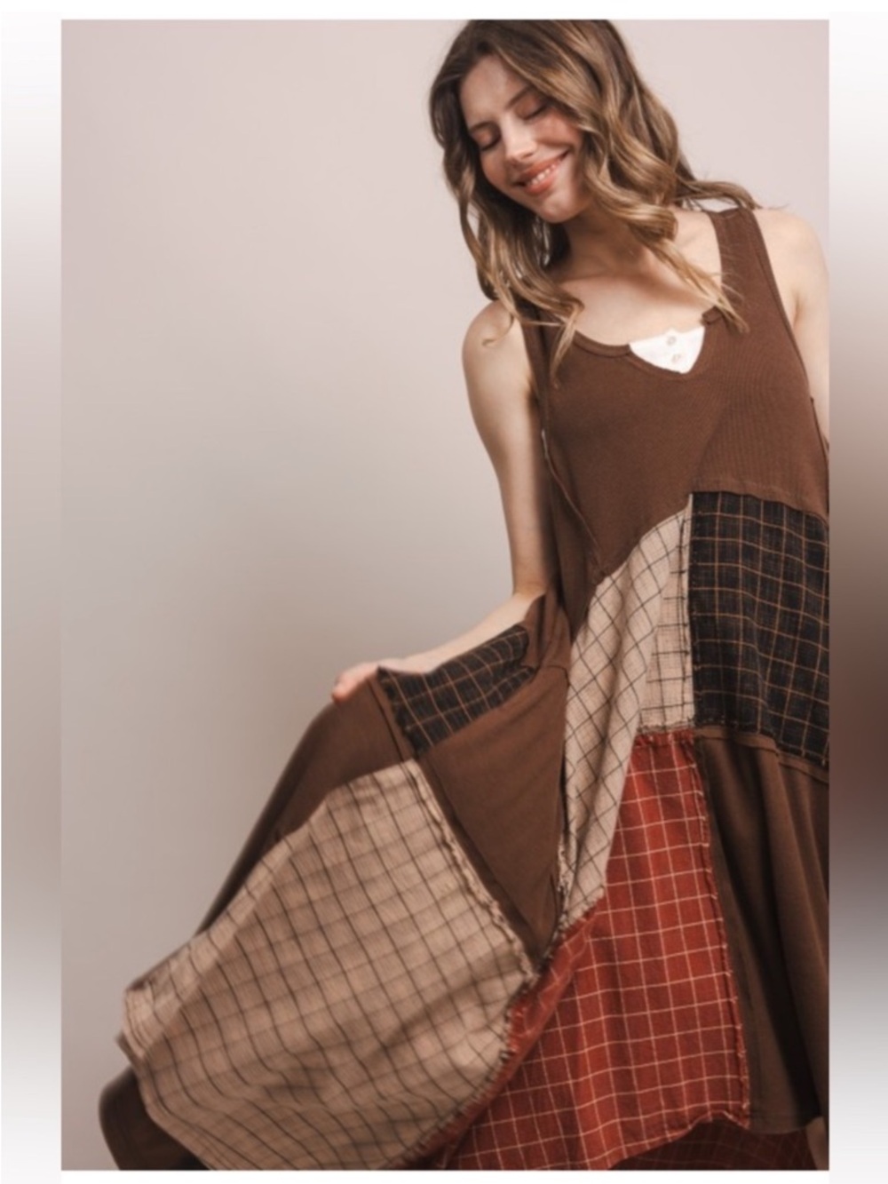 Boho Patchwork Maxi Dress in Brown